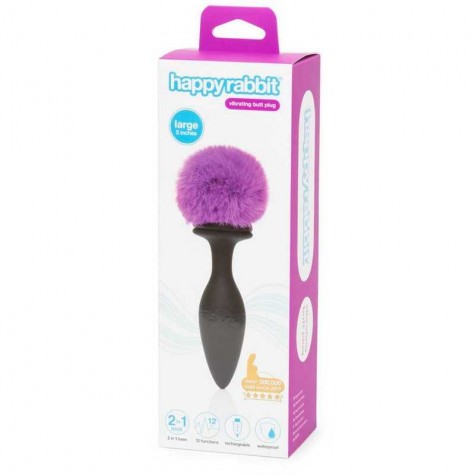 Черная анальная вибропробка Rechargeable Vibrating Bunny Tail Butt Plug Large - 14 см.